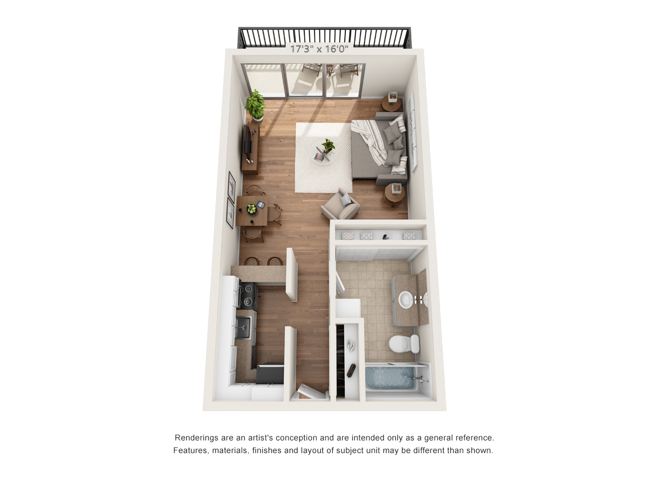 Floor plan for studio, 1 bath, 540 sqft